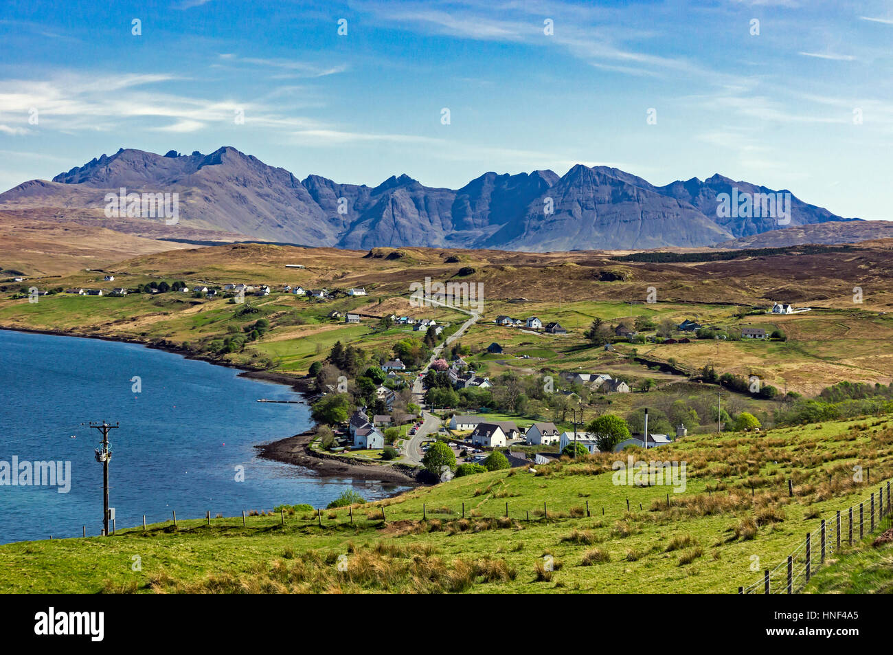 The Cuillin Hills in the Isle of Skye Innder Hebrides Highland Scotland seen from above Carbost village Stock Photo
