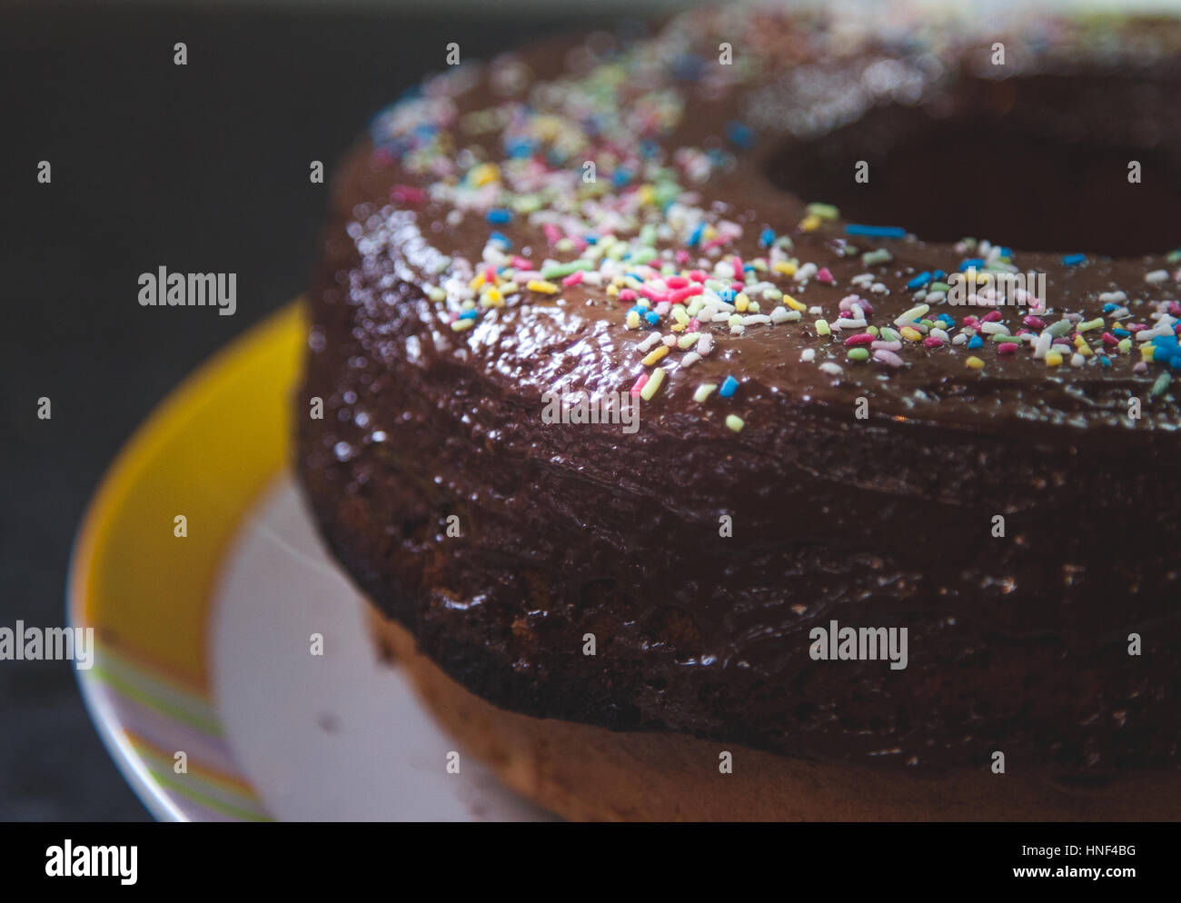 Horizontal picture of homemade cake with chocolate and dish decoration Stock Photo