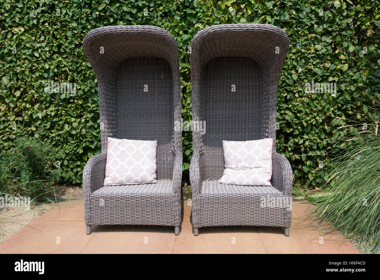 Tow Rattan Armchairs In Garden With Ivy Hedge As Background Stock Photo Alamy