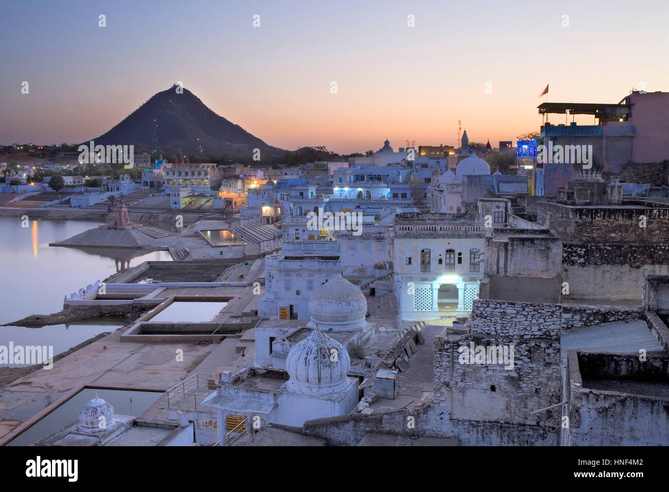 ghats, townscape, cityscape, ghat, The holy lake and the village of Pushkar,pushkar, Rajasthan, india Stock Photo