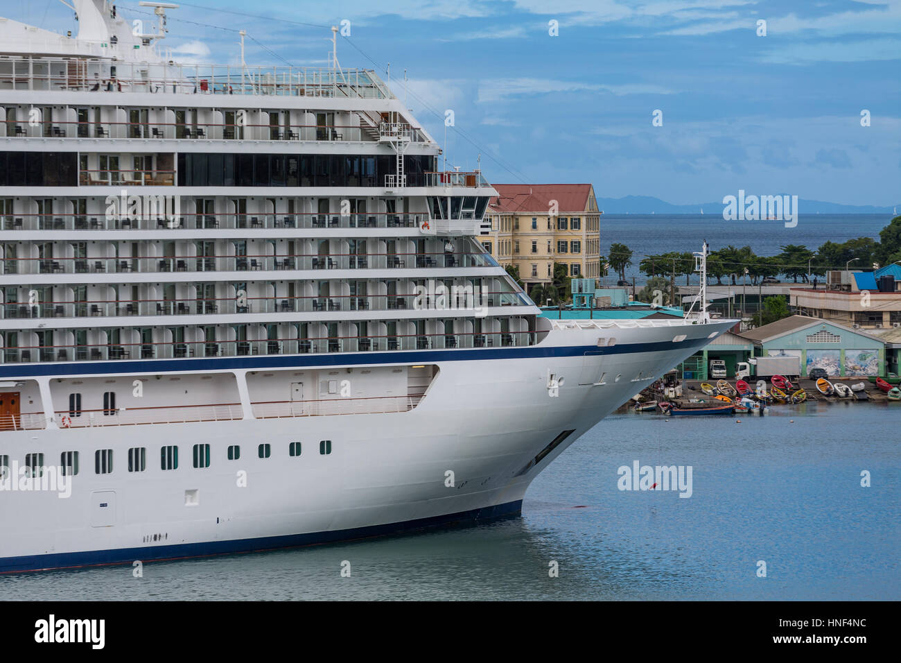 A huge luxury cruise ship docked in the Caribbean port of St Lucia