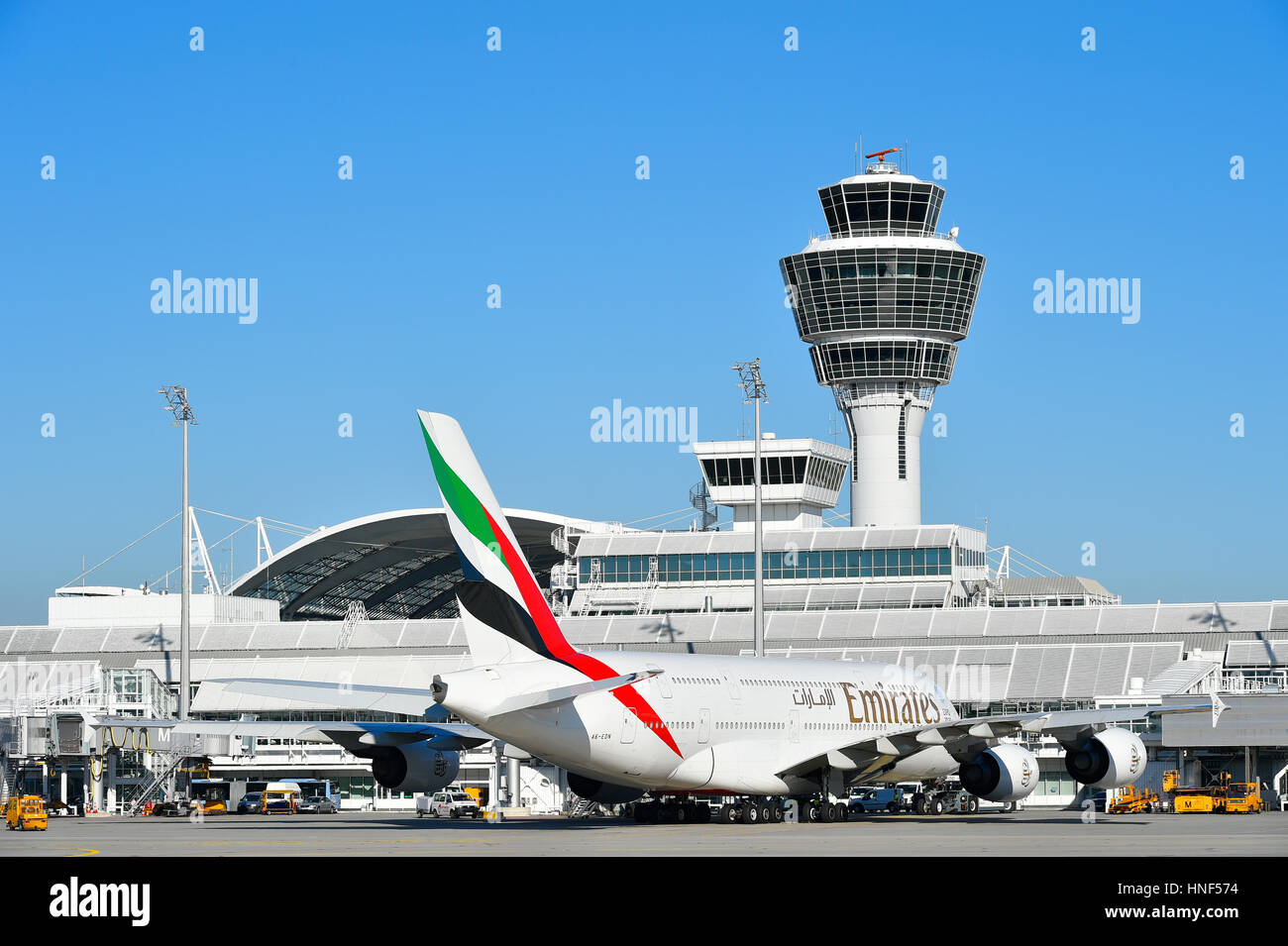Emirates, Airbus, A 380, 400, Aircraft, Plane, Departure, Flight, fly, 380-400, Airplane, MUC, EDDM, Airport Munich, Erding, Freising, Munich Stock Photo