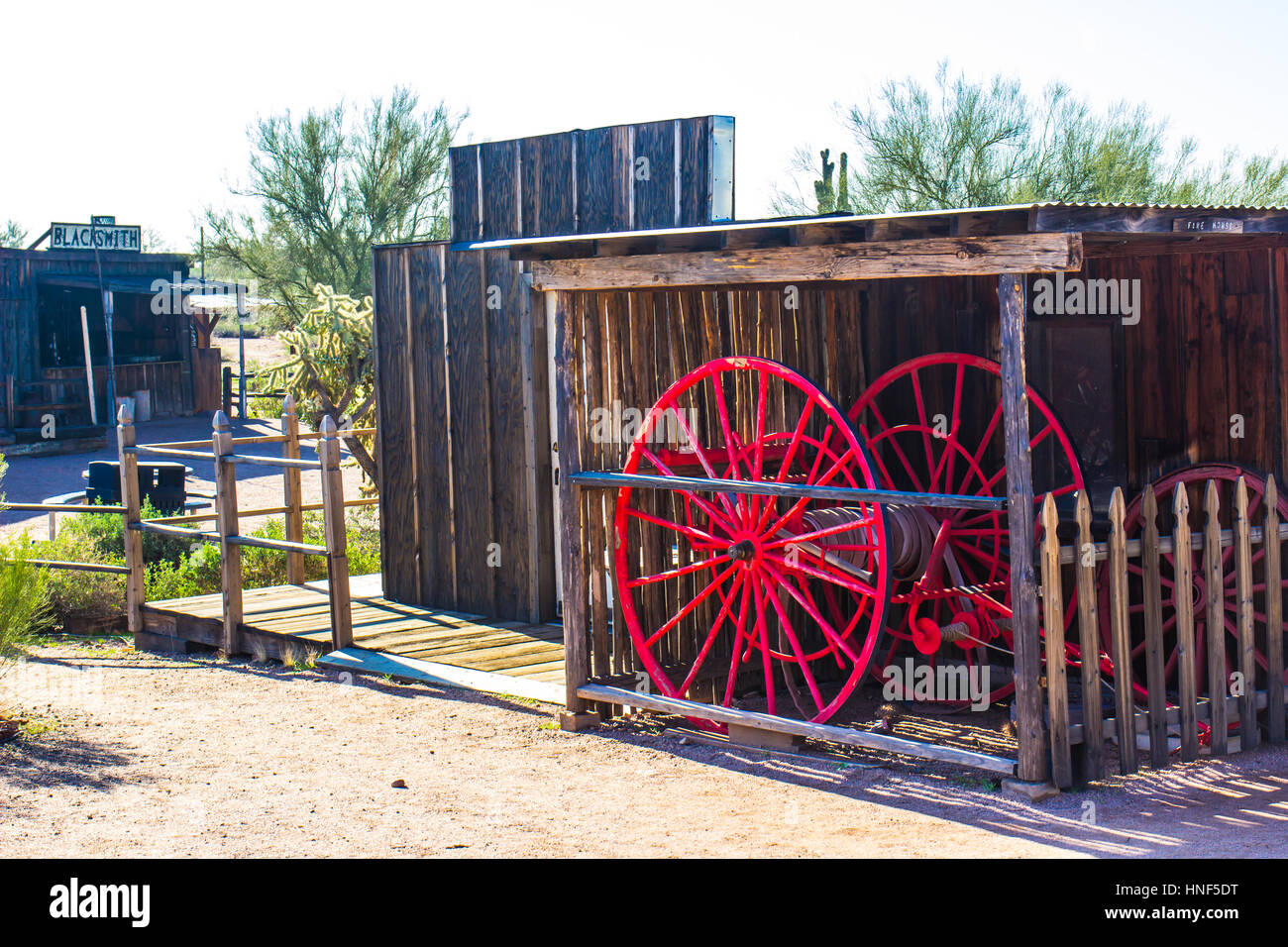 Red Fire Horse & Hose In Arizona Western Town Stock Photo Alamy