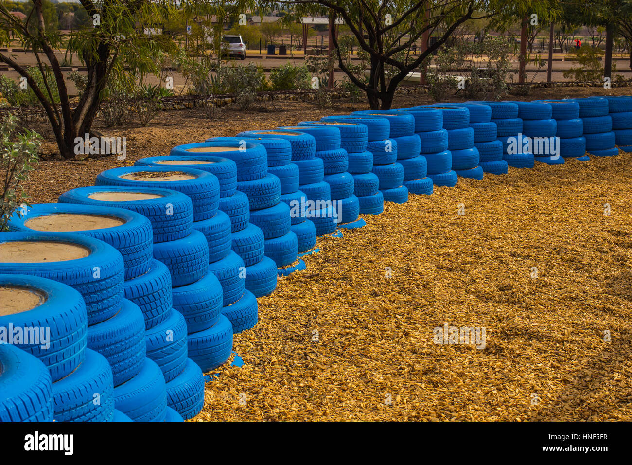 Blue Rubber Tires Used As Bumpers For Small Children At Arizona Park Stock Photo
