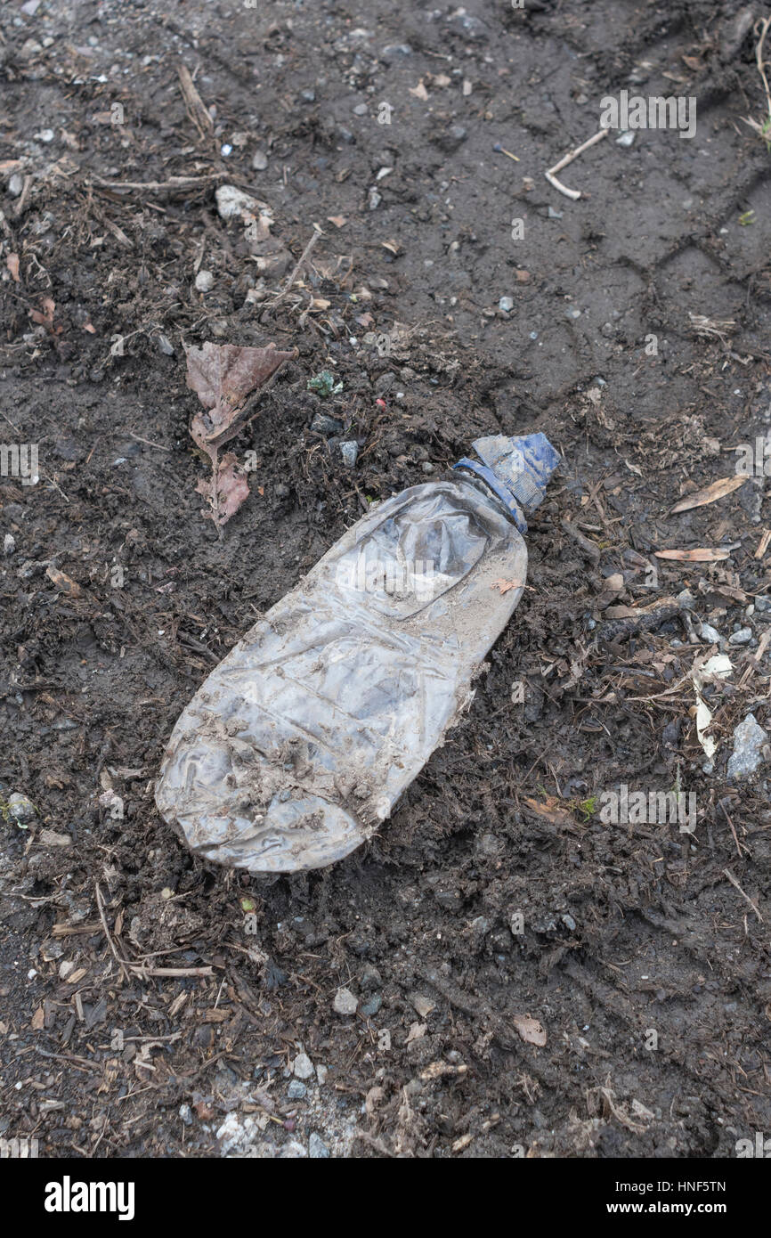 Environmental pollution in form or roadside and hedgerow rubbish discarded by the public. Plastic waste, war on plastic concept, plastic rubbish. Stock Photo