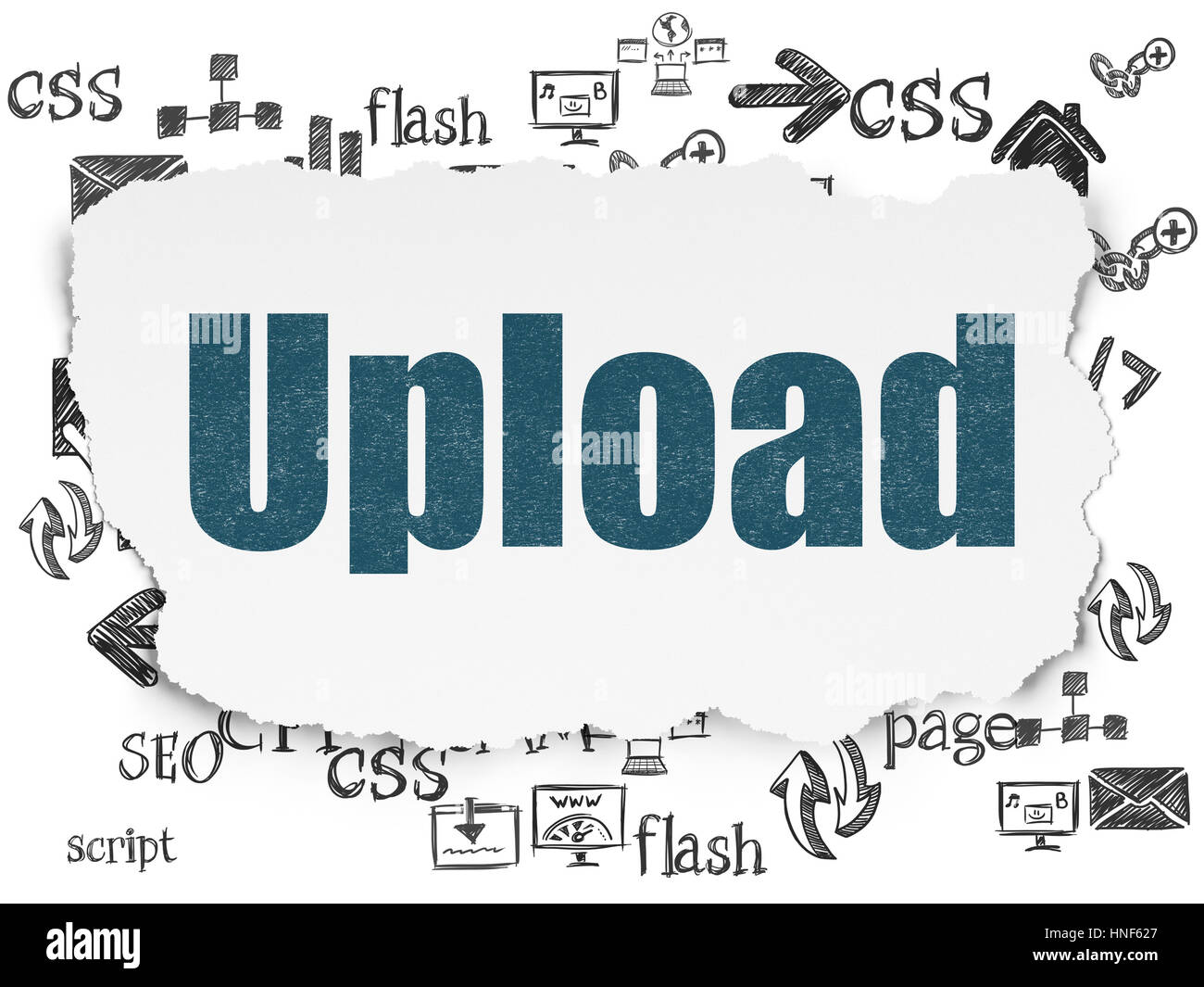 Web design concept: Painted blue text Upload on Torn Paper background with  Hand Drawn Site Development Icons Stock Photo