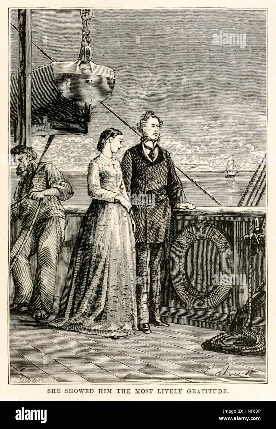“She showed him the most lively gratitude.” from ‘Around the World in Eighty Days’ by Jules Verne (1828-1905) published in 1873 with illustration by Léon Benett (1839-1917) and engraving by Henri-Théophile Hildebrand (1824-1897). Stock Photo