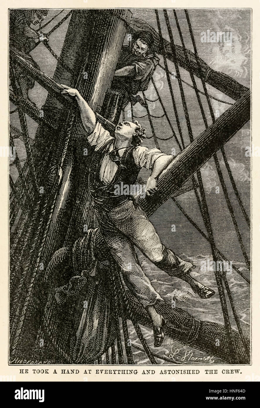 “He took a hand at everything and astonished the crew.” from ‘Around the World in Eighty Days’ by Jules Verne (1828-1905) published in 1873 with illustration by Léon Benett (1839-1917) and engraving by Henri-Théophile Hildebrand (1824-1897). Stock Photo