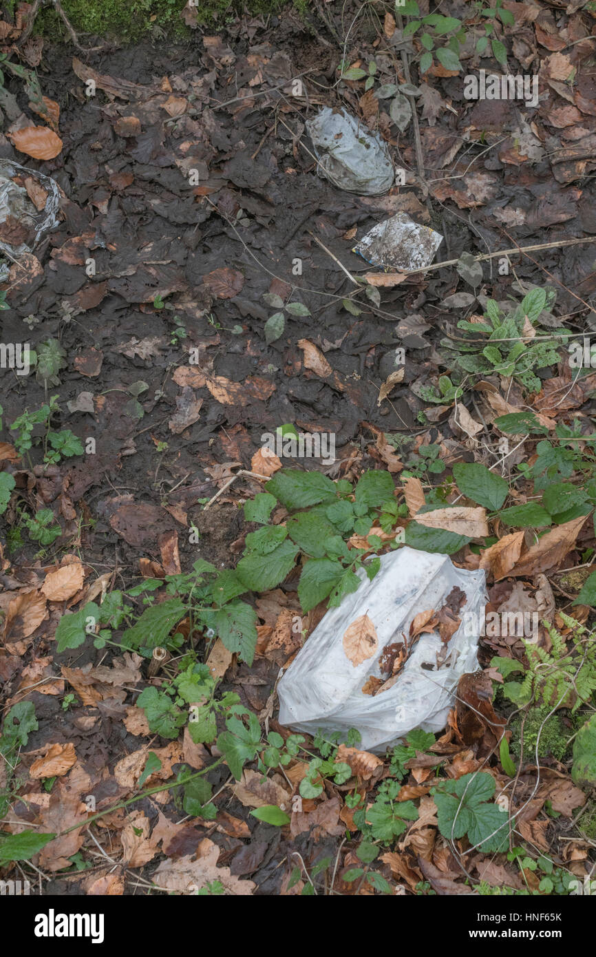 Environmental pollution in form or roadside and hedgerow rubbish discarded by the public. Plastic waste concept, war on plastic, plastic rubbish. Stock Photo