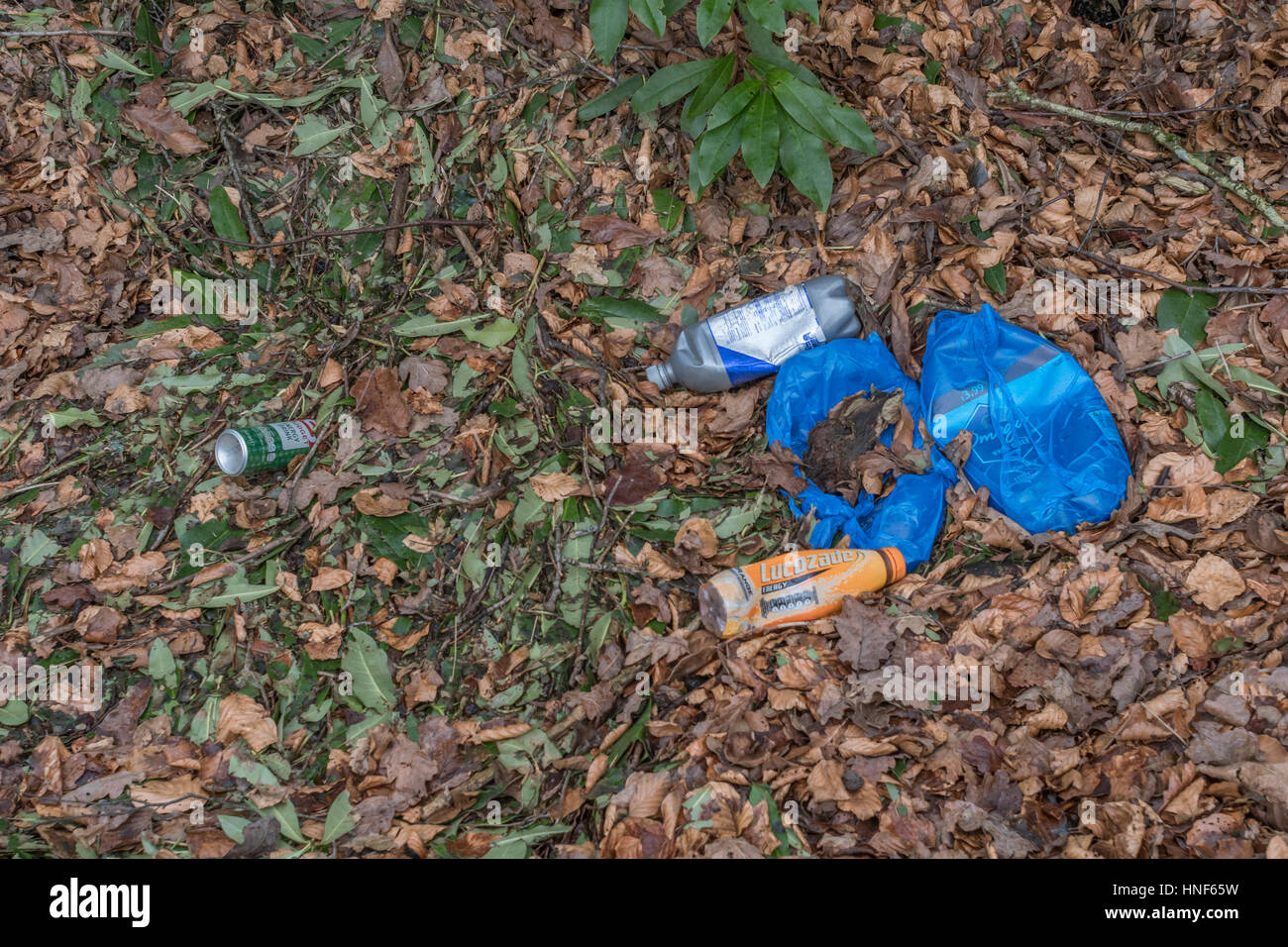 Environmental pollution in form or roadside and hedgerow rubbish discarded by the public. Plastic waste concept, war on plastic, plastic rubbish. Stock Photo