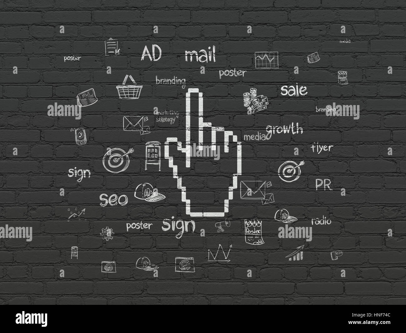 Marketing concept: Painted white Mouse Cursor icon on Black Brick wall ...