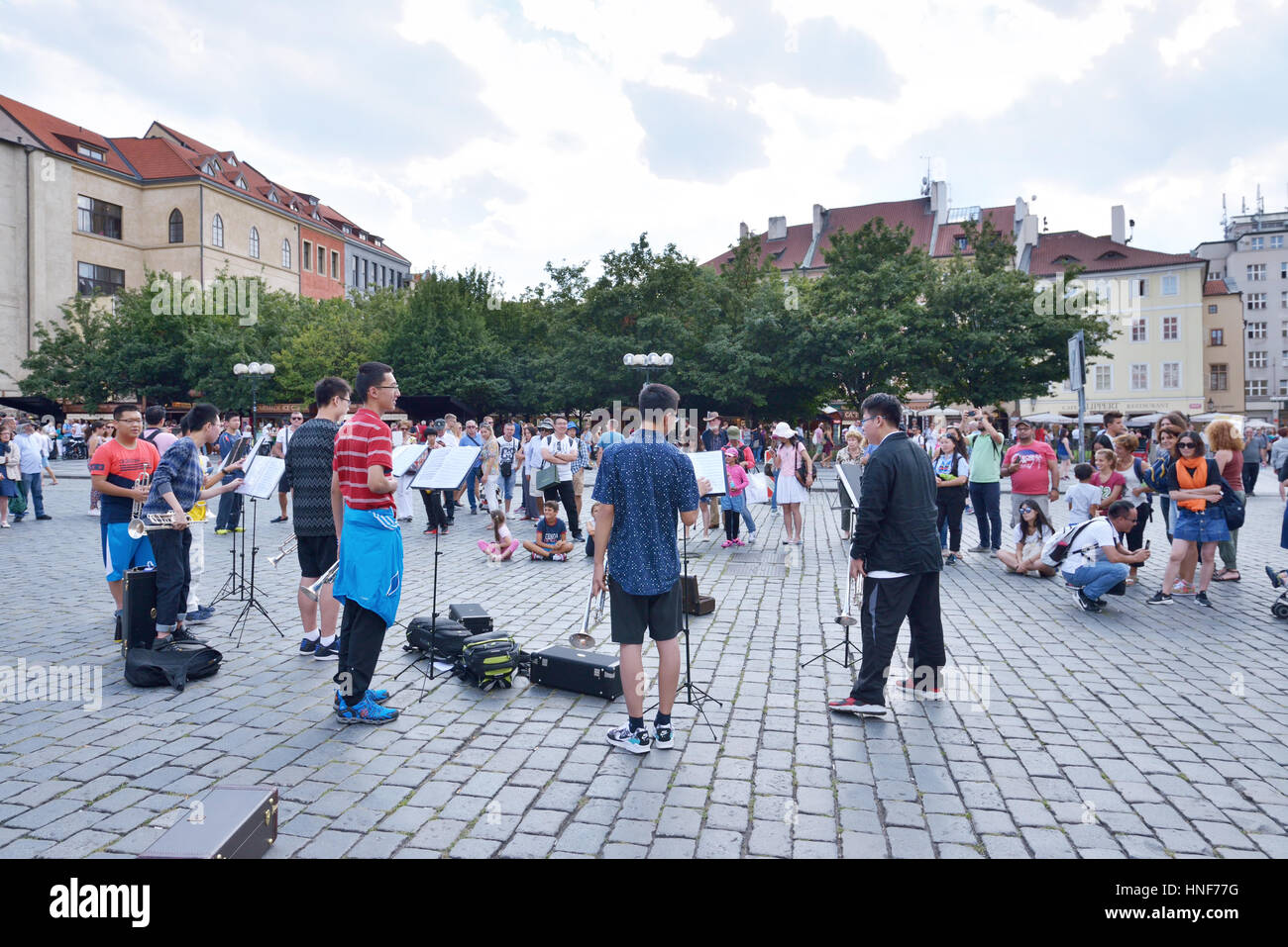 Group of foreign musicians gives a free concert in historical center of Prague, Republic Czech, on August 15, 2016 Stock Photo