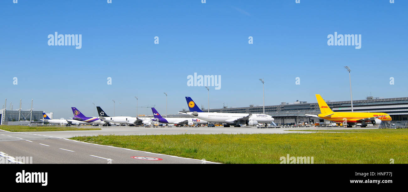 Aircraft, Plane, Line Up, Cargo, overview, Airplane, MUC, EDDM, Airport Munich, Erding, Freising, Munich Stock Photo
