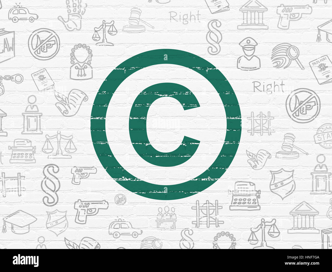 Law concept: Painted green Copyright icon on White Brick wall ...