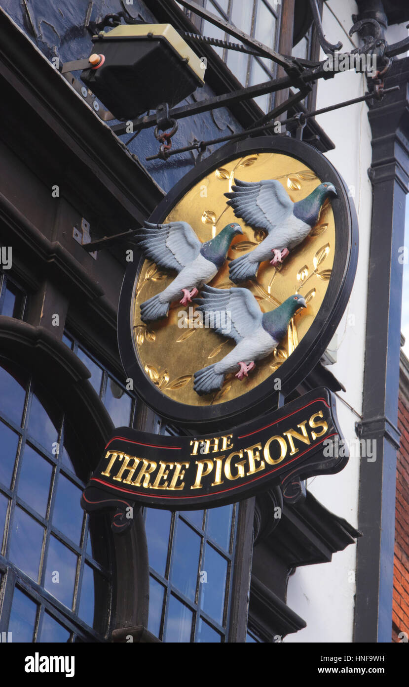 The Three Pigeons Pub sign High Street Guildford Surrey Stock Photo