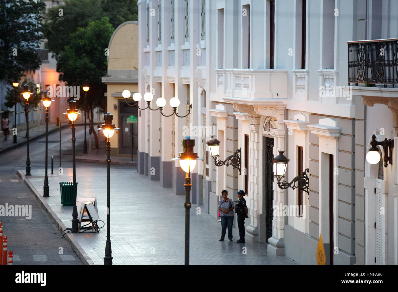 Gas lamps, street scene, Plaza Degetau, Ponce, Puerto Rico Stock Photo