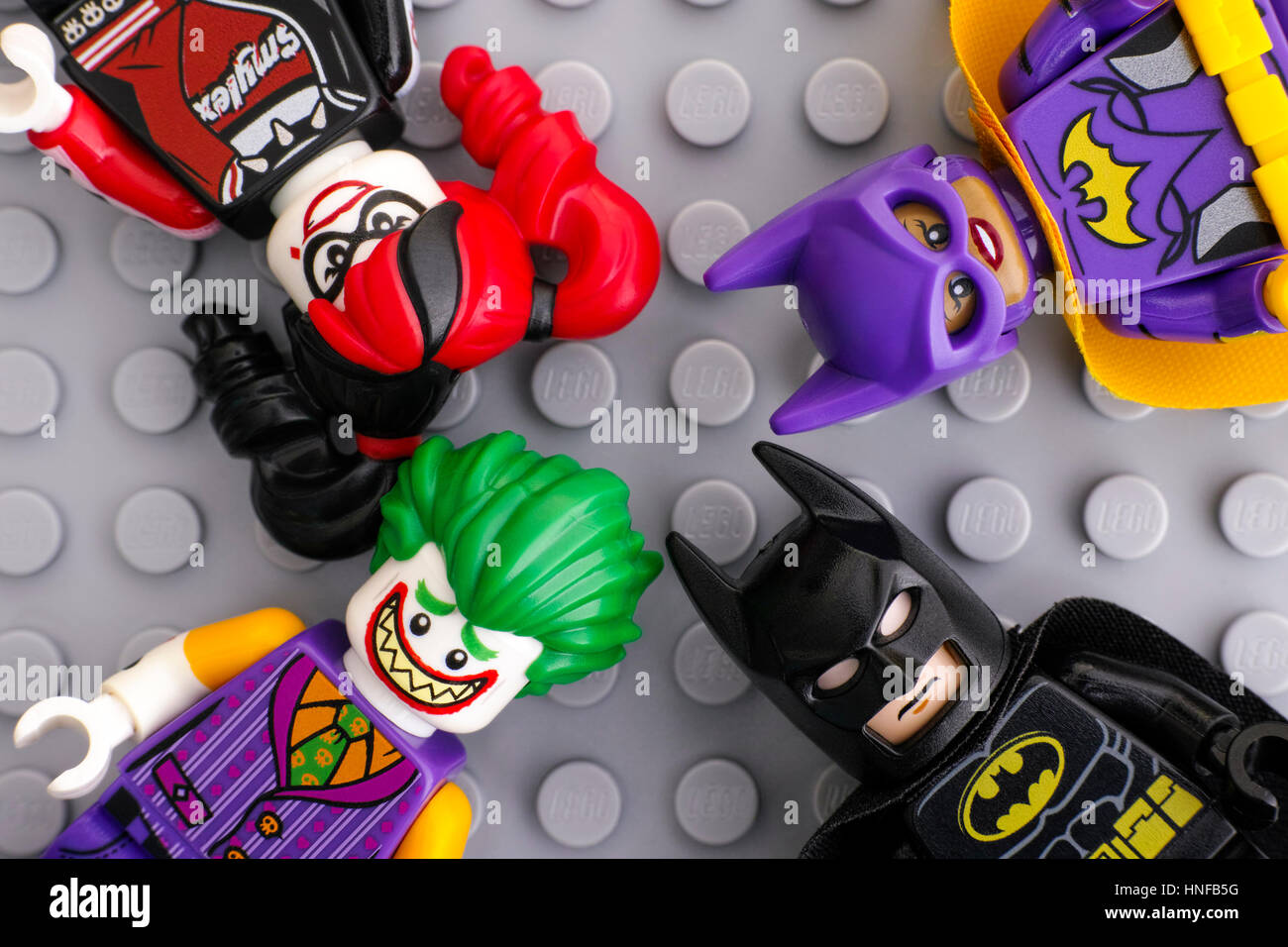 Tambov, Russian Federation - February 11, 2017 Four Lego Batman Movie  minifigures - Batgirl, Batman, The Joker, Harley Quinn - on Lego gray  baseplate Stock Photo - Alamy