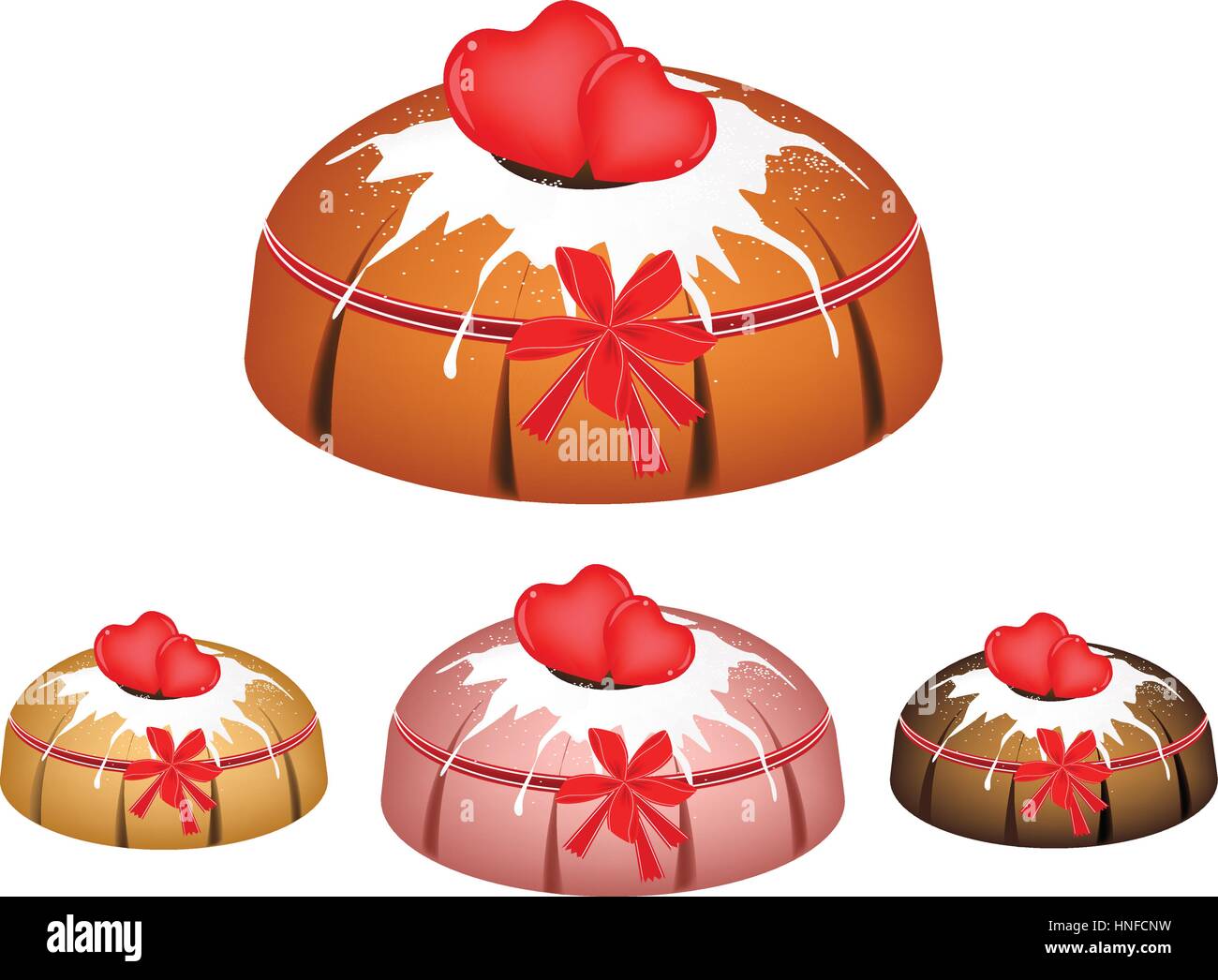Illustration Set of Valentine Bundt Cake or Traditional Big Round Cake with Hole Inside, Mirror Glaze Coating and Two Heart Chocolate for Valentine De Stock Vector