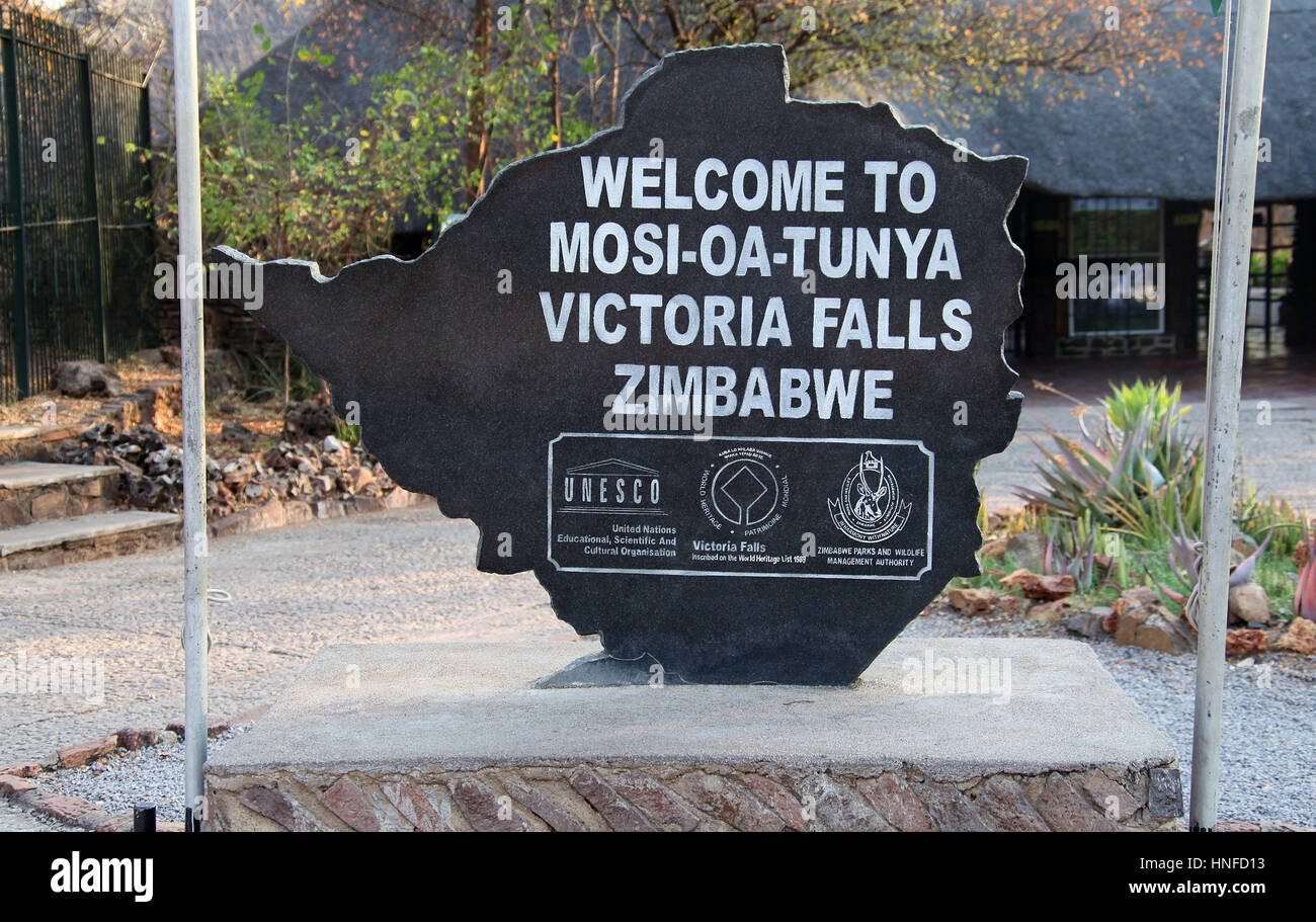 Sign at Victoria Falls National Park in Zimbabwe Stock Photo