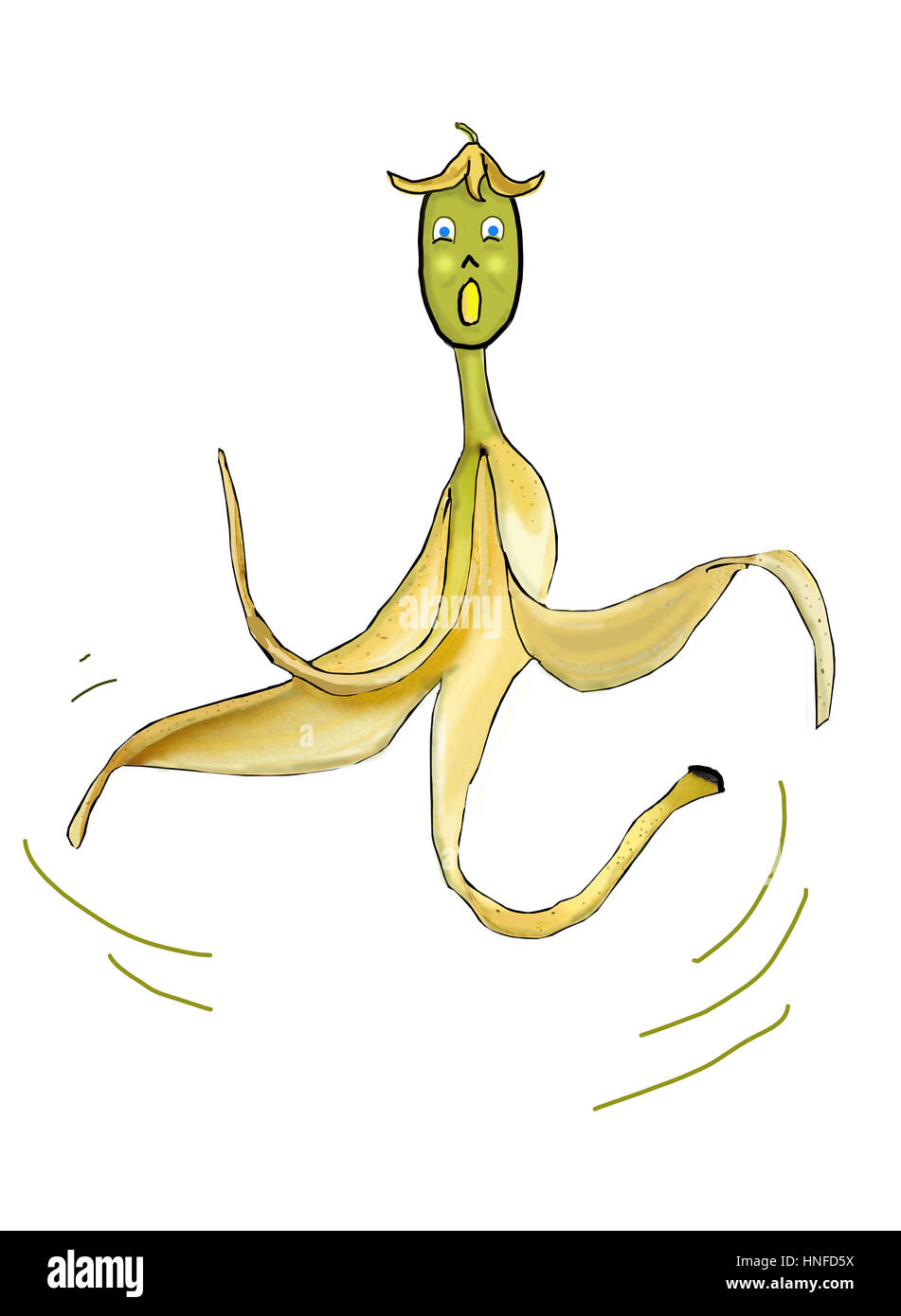 An illustration of a banana peel with a surprised face. Concept, slip and fall, accident, danger, injury, medical, medical insurance, shock, surprise. Stock Photo