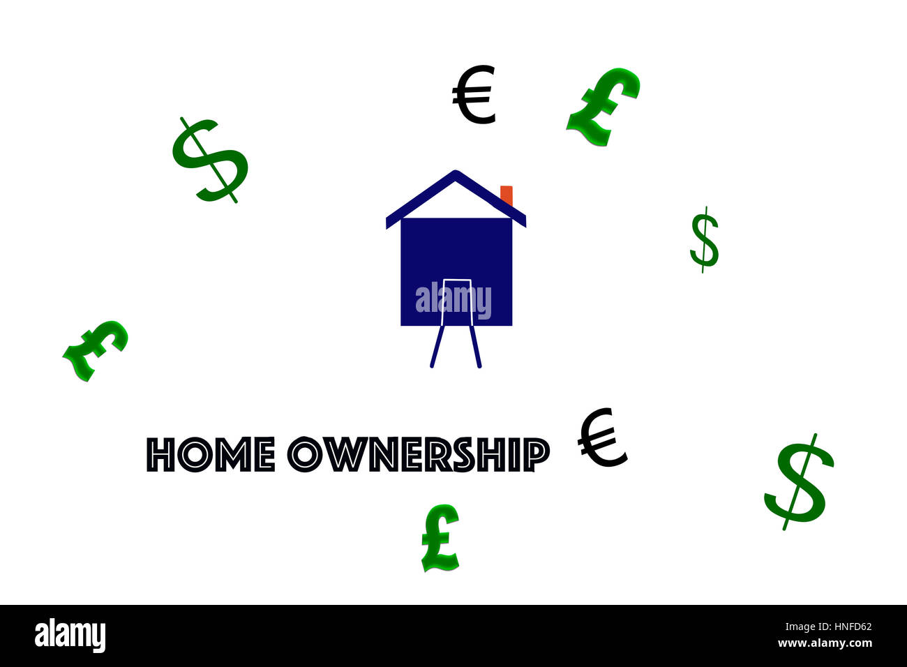 An illustration of a house with the dollar sign; euro sign; and pound sign scattered about a white background. Stock Photo