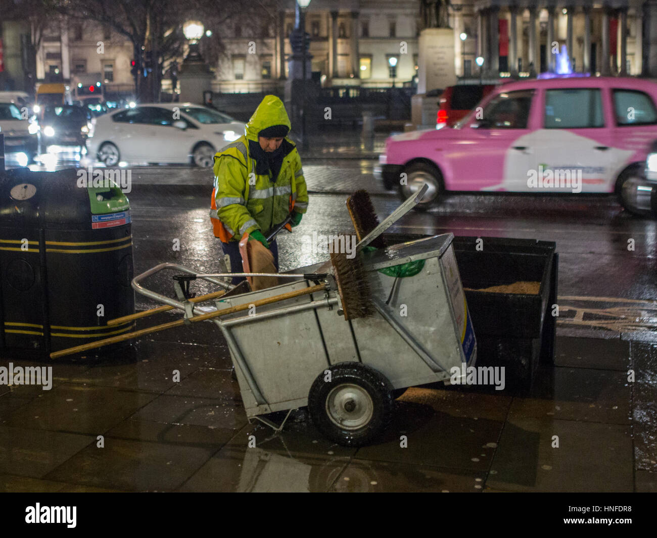 Westminster Council worker gritting pavement ahead of expected cold snap  Featuring: Atmosphere, View Where: London, United Kingdom When: 12 Jan 2017 Credit: Wheatley/WENN Stock Photo
