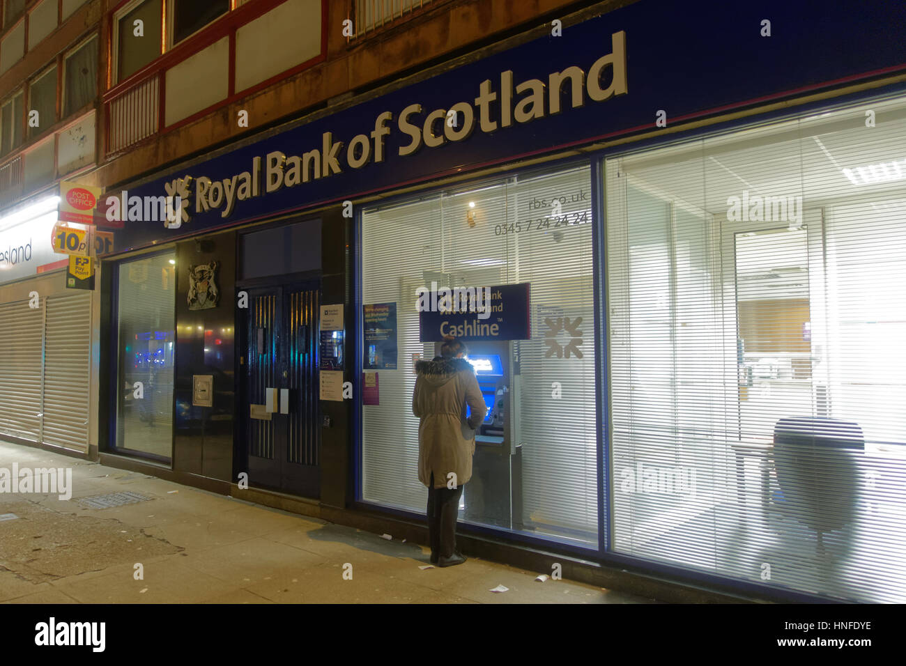 Glasgow street night scenes evening Royal Bank of Scotland cash machine RBS Stock Photo