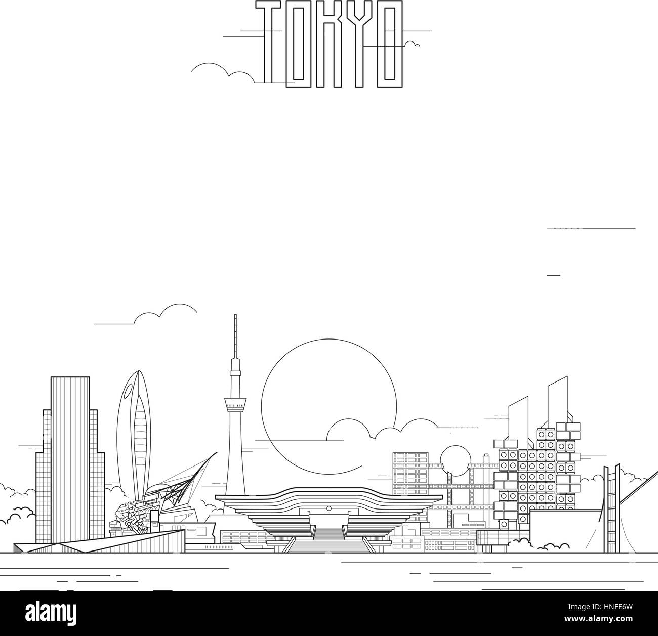 Tokyo city with iconic buildings. Line art flat design. Vector illustration. Stock Vector
