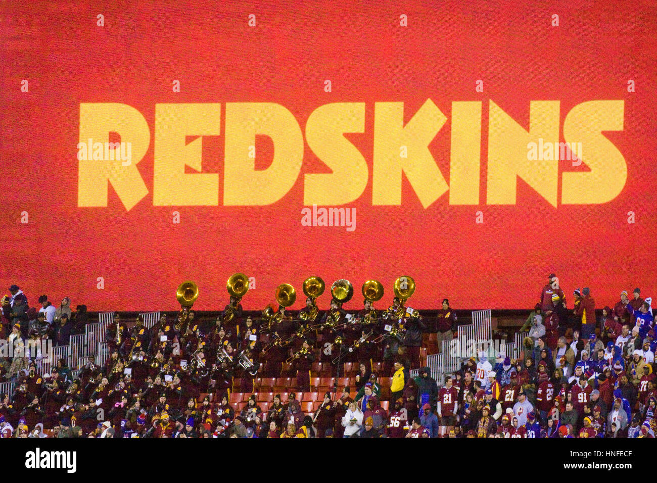 Washington Redskins banner, marching band, and fans at FedEx field stadium. Stock Photo