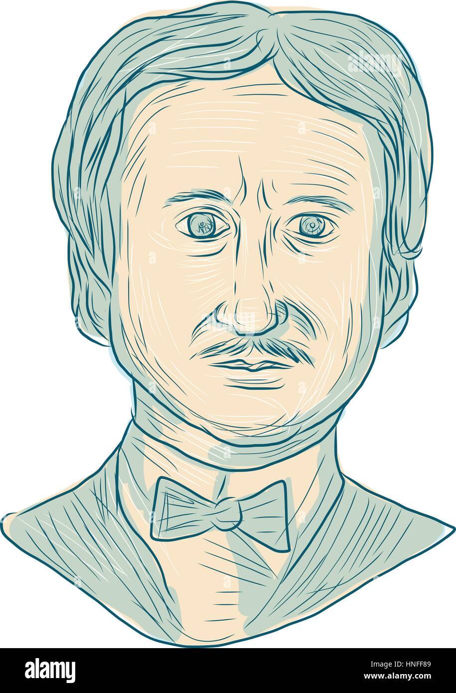 Drawing sketch style illustration of Edgar Allan Poe, an American writer, editor, poet and literary critic viewed from the front set on isolated white Stock Vector