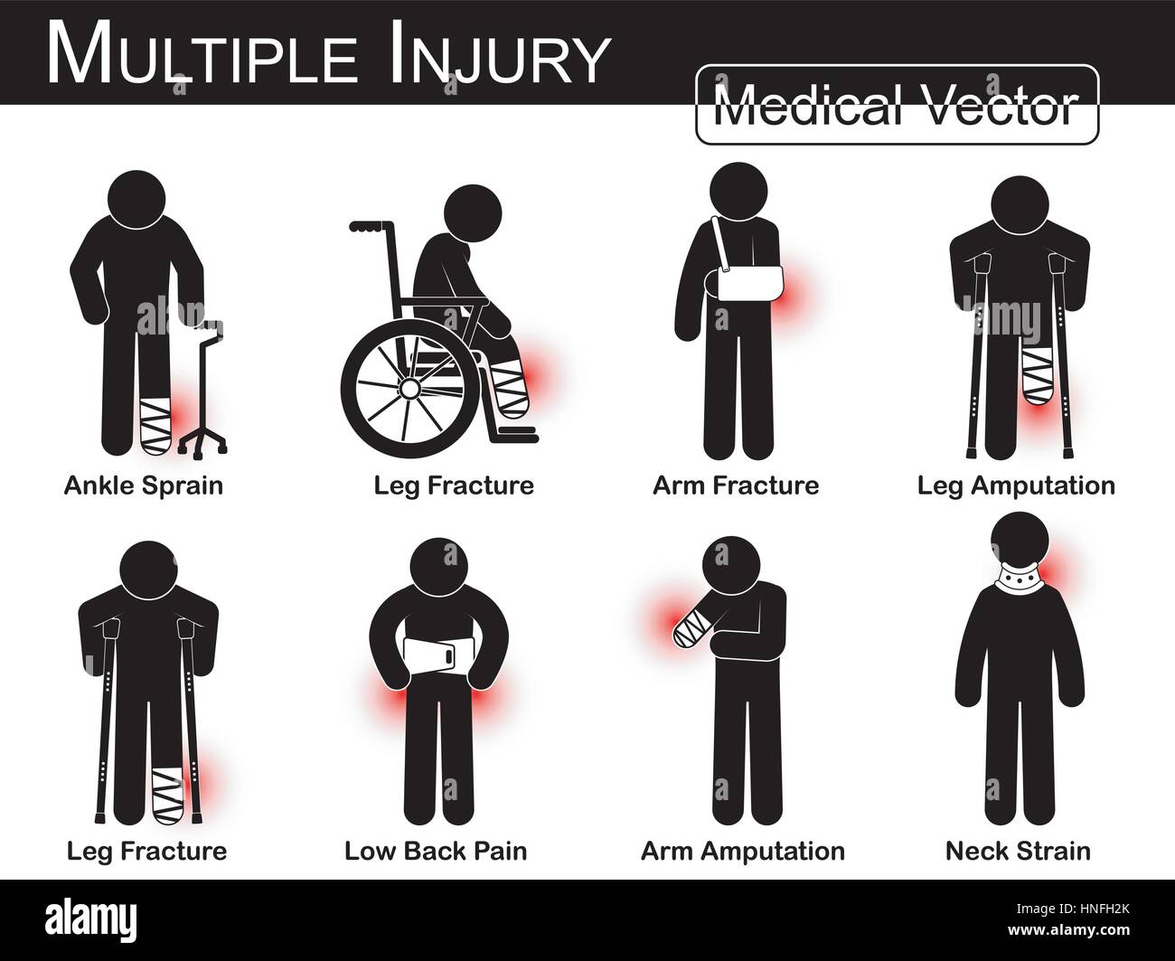 Multiple injury set ( Ankle sprain , Leg fracture , Arm fracture , Leg amputation , Leg fracture , Low back pain , Arm amputation , Neck strain )( Vec Stock Vector