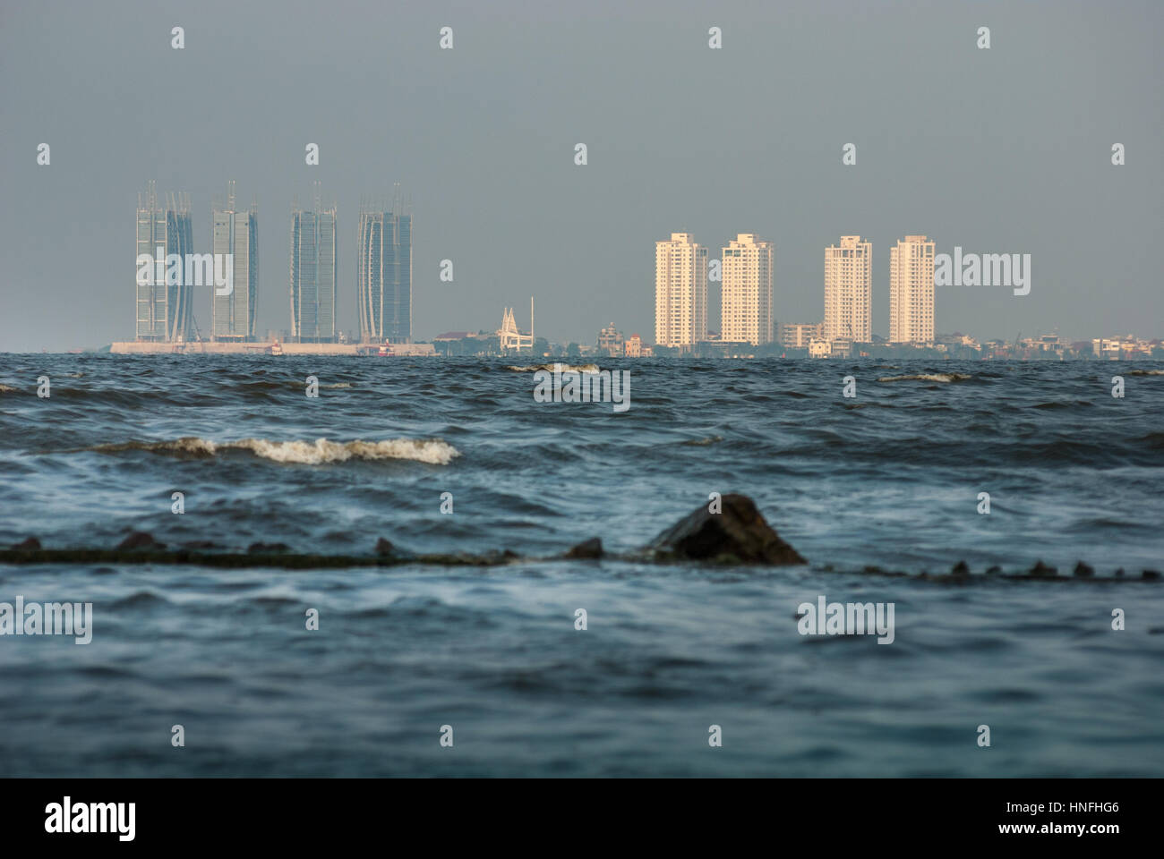 Ruins of man-made structures destroyed by the sea waves in the North Jakarta coastline. Jakarta, Indonesia. Stock Photo