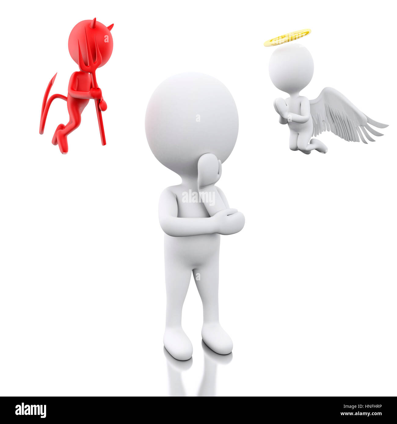 3D Illustration. White people contemplation a decision with Angel and Devil. Isolated white background. Stock Photo