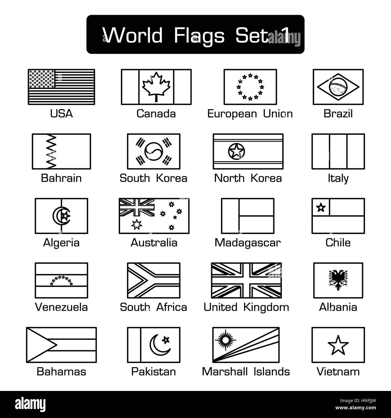World flags set 1 . simple style and flat design . thick outline . black and white . Stock Vector