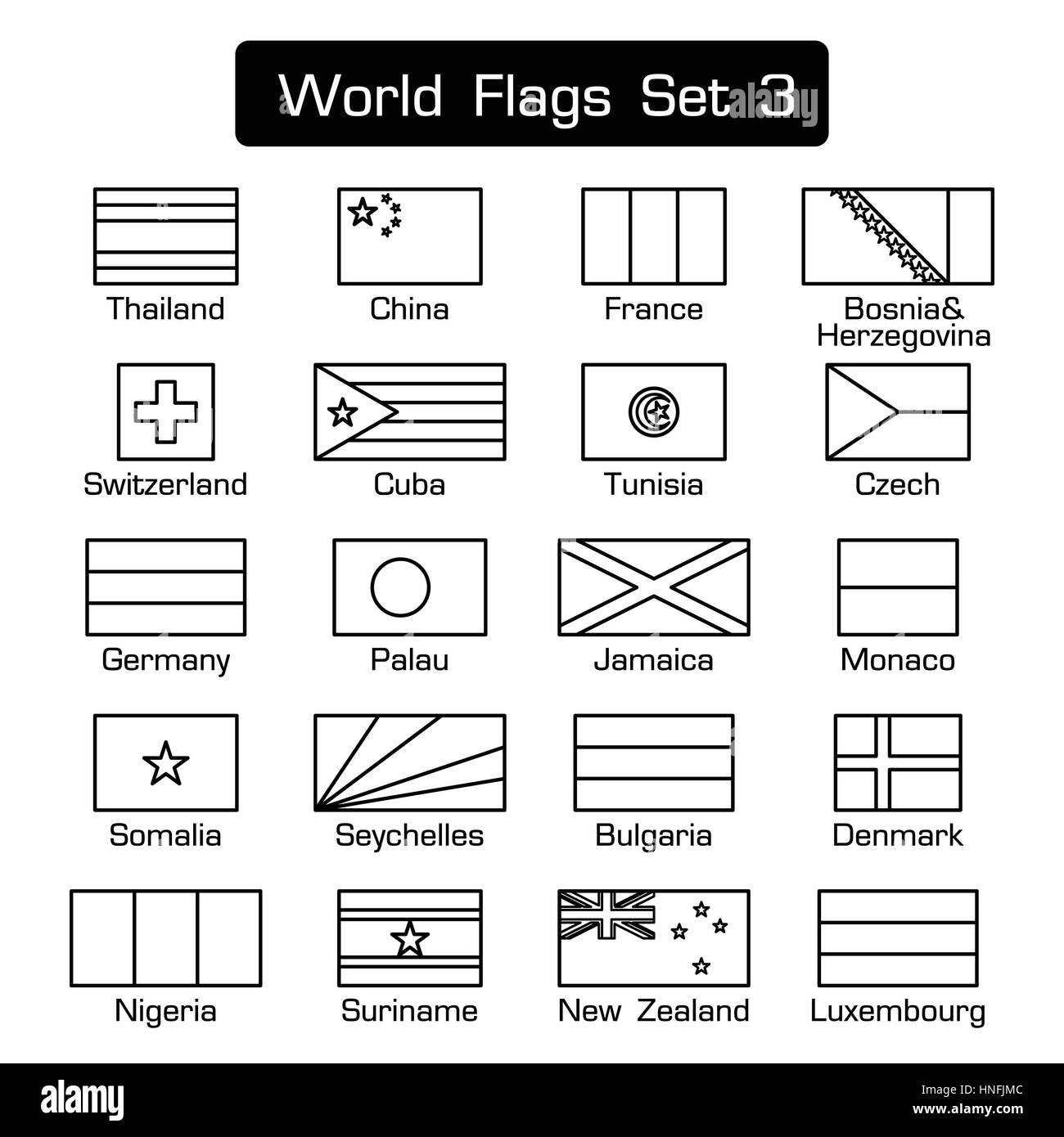 World flags set 3 . simple style and flat design . thick outline . Stock Vector