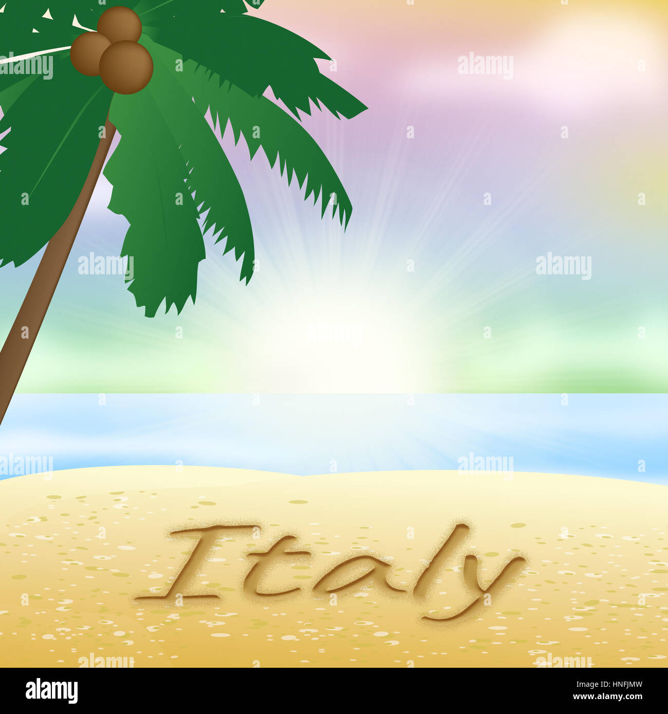 Italy Beach With Palm Tree Holiday Meaning Sunny 3d Illustration Stock Photo