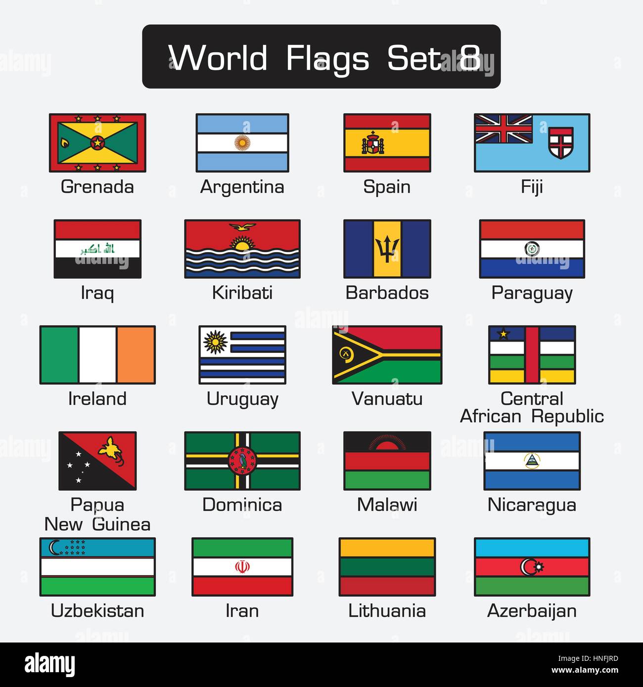 World flags set 8 . simple style and flat design . thick outline Stock