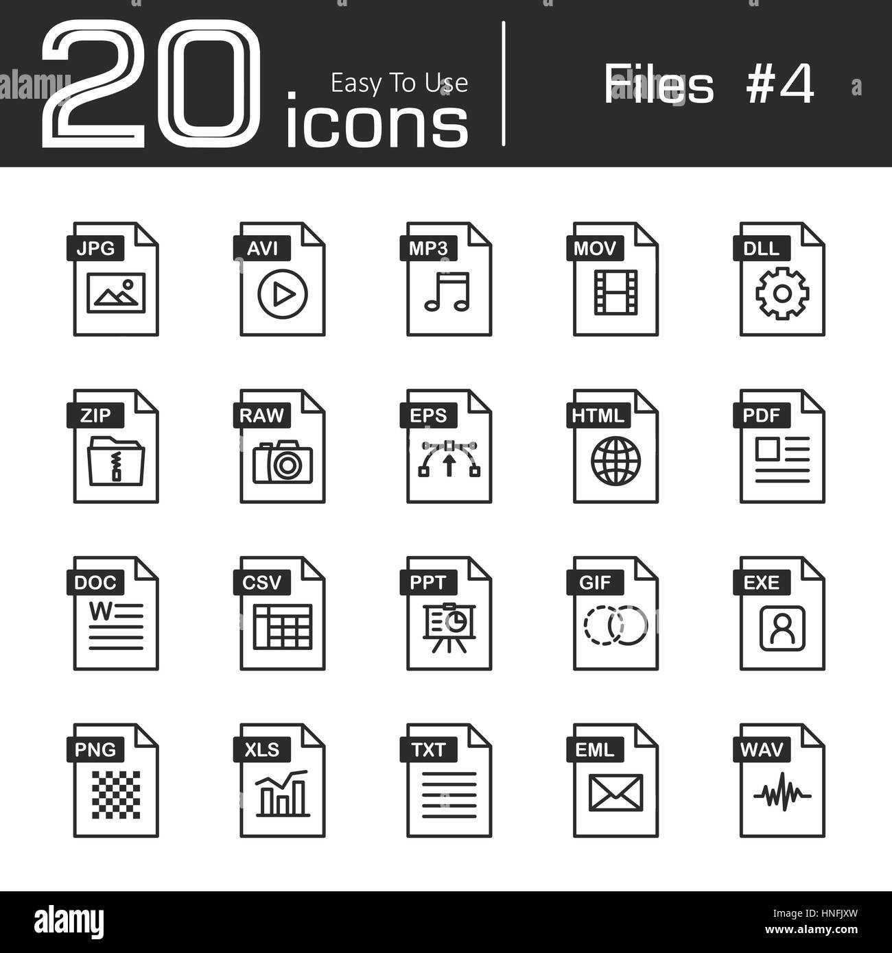 Files icon set 4 ( jpg , avi , mp3 , mov , dll , zip , raw , eps , html ,  pdf , doc , csv , ppt , gif , exe , png , xls , txt , eml , wav Stock  Vector Image & Art - Alamy