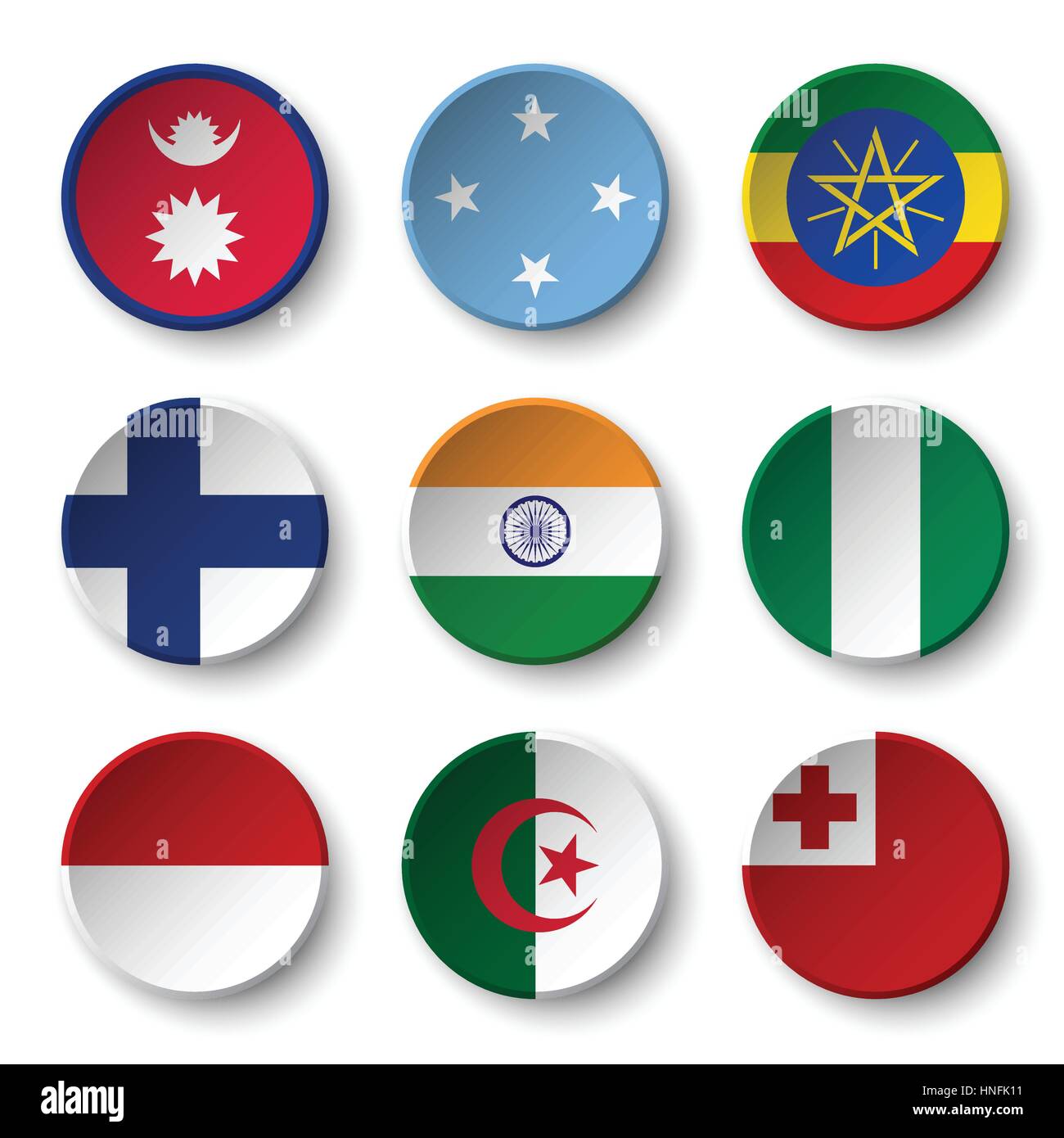 Set of world flags round badges ( Nepal . Micronesia . Ethiopia . Finland . India . Nigeria . Monaco . Algeria . Tonga ) Stock Vector