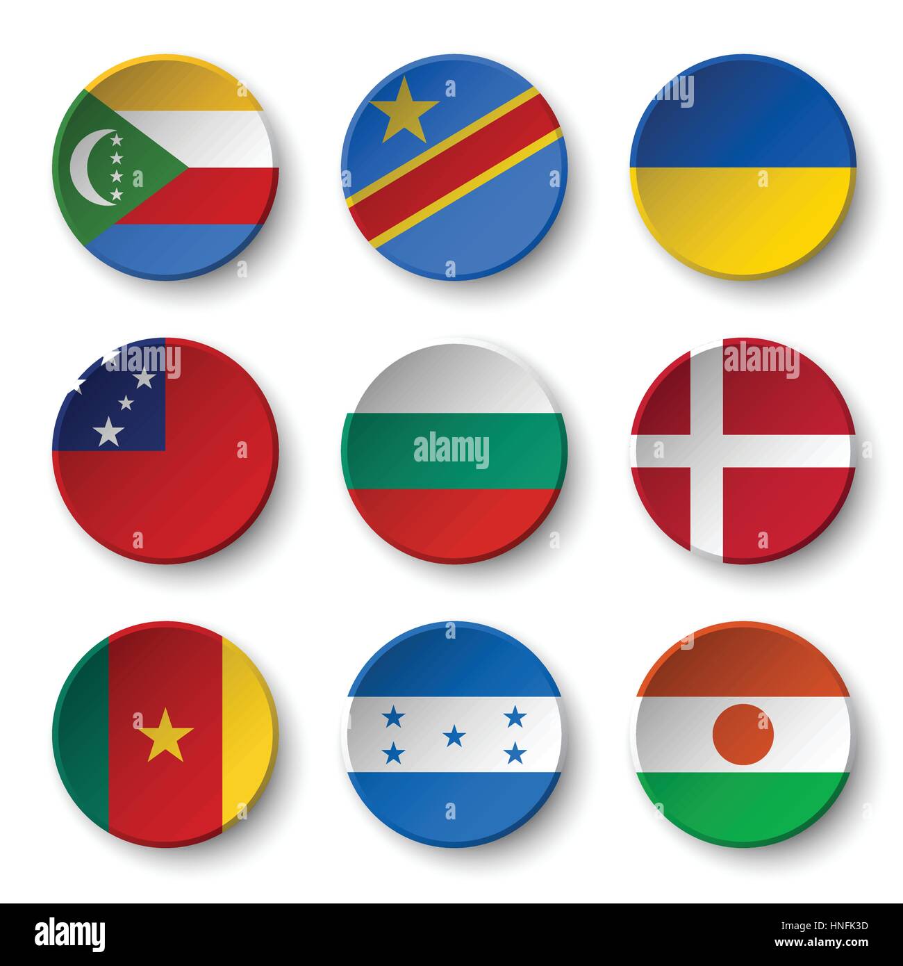 Set of world flags round badges ( Comoros . Democratic Republic of the Congo . Ukraine . Samoa , Bulgaria . Denmark . Cameroon . Honduras . Niger ) Stock Vector