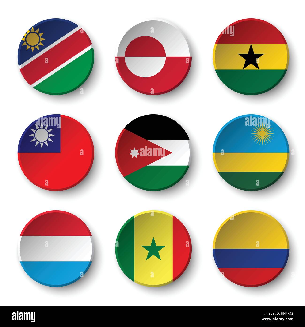 Set of world flags round badges ( Namibia . Greenland . Ghana . Taiwan . Jordan . Rwanda . Luxembourg . Senegal . Colombia ) Stock Vector