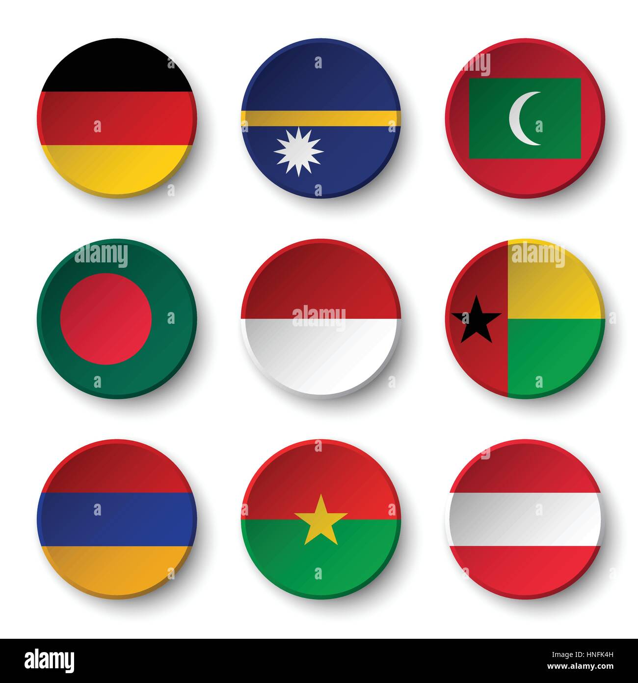 Set of world flags round badges ( Germany . Nauru . Maldives . Bangladesh . Indonesia . Guinea-Bissau . Armenia . Burkina Faso . Austria ) Stock Vector