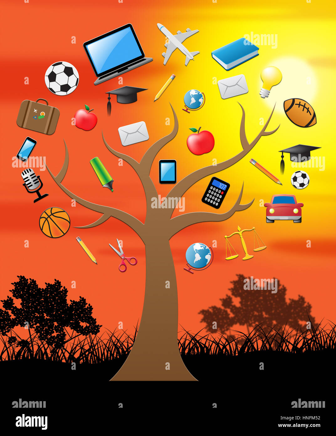 Knowledge Tree With Icons Shows Education Wisdom 3d Illustration Stock