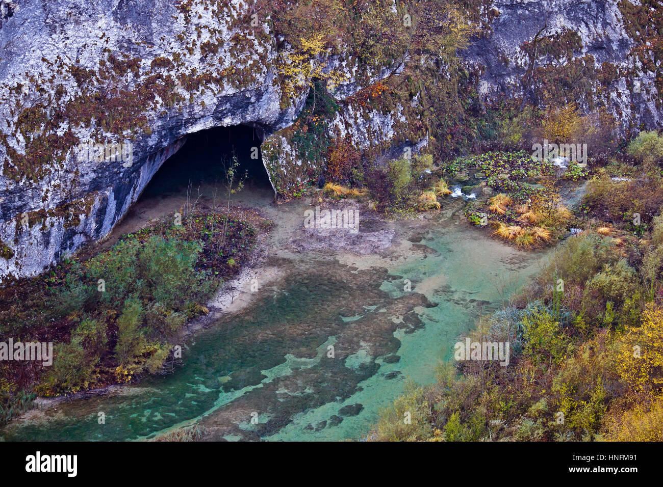 Plitvice lakes National park cave in canyon Stock Photo