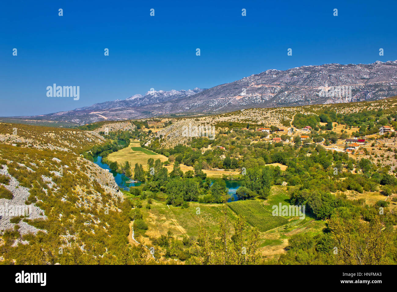 Green valley of Zrmanja river under Velebit mountain, Croatia, Dalmatia Stock Photo