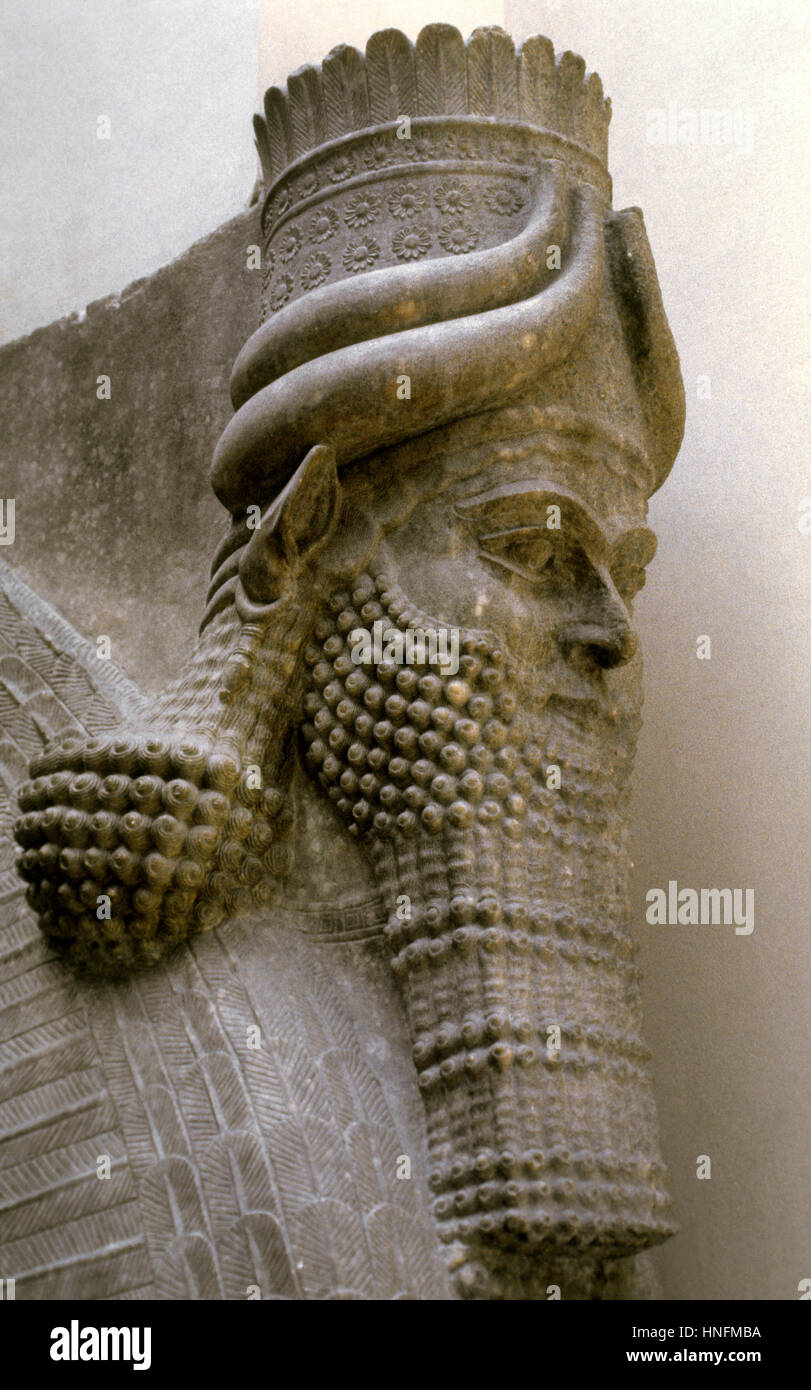 Lamassu from the Palace of Sargon II. Assyrians. Detail of Head. 706 BC. Khorsabad Palace. Louvre Museum. Paris. France. Stock Photo