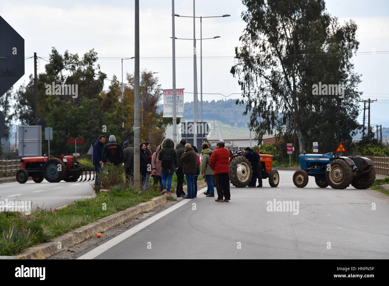Argos, Greece, 12th February 2017. Farmers and ranchers from Argolis made a two-hour blockade of the National  Road Argos Corinth at junction of Inach Stock Photo