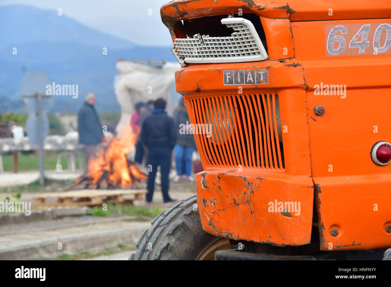 On Sunday, 12 February  2017 farmers and ranchers from Argolis made a two-hour blockade of the National  Road Argos Corinth at junction of Inahos, increasing the pressure on the government. Farmers from  Argolida  state ready for their descent in Athens  Tuesday14th. February. Stock Photo