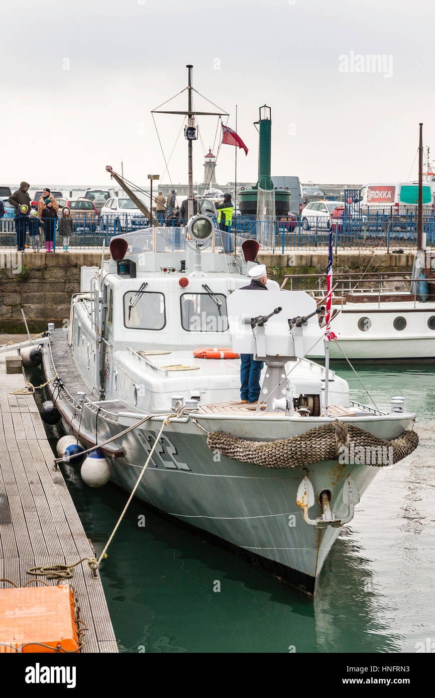 England, Ramsgate harbour. P22, Restored US navy Rhine River Patrol boat moored against pontoon in the inner harbour. Stock Photo