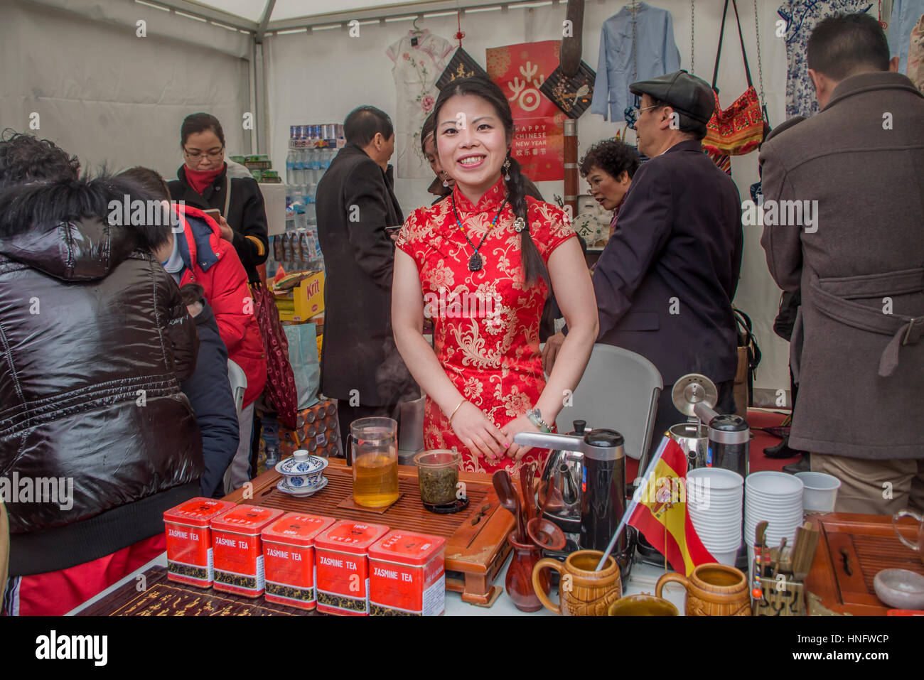 Madrid, Spain. 12th Feb, 2017. The closure of the 2017 Chinese Festival celebrating the Chinese New Year took place at Plaza España y Madrid, gathering hundreds of people of all ages and nationalities. The event gathered cultural shows performed by Chinese residents in Madrid and locals, the tasting of Chinese cuisine and workshops. Credit: Lora Grigorova/Alamy Live News Stock Photo